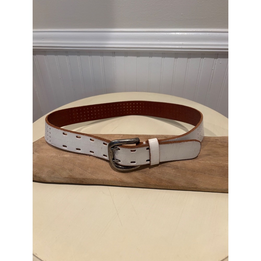 White Genuine Leather Double Prong Belt Distressed Vintage Style Size 32 2-1372